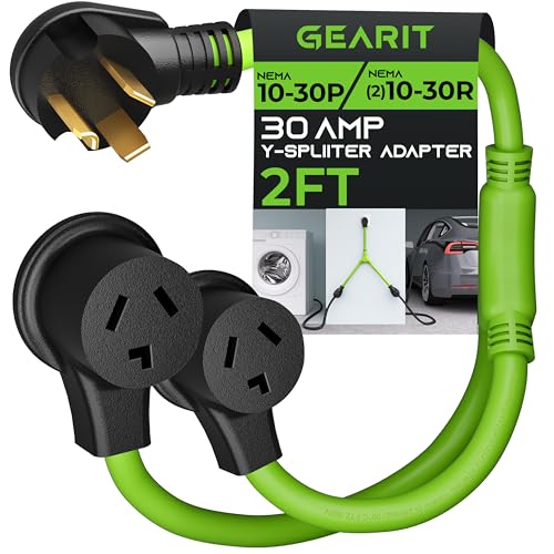 GearIT 3 Prong Dryer Y- Splitter 30 Amp NEMA 10-30P to (2) NEMA 10-30R Receptacle - STW 10AWG 3C Power Cord Adapter for Multiple Outlet Dryer Outlet and EV Charger - 2.2 Feet
