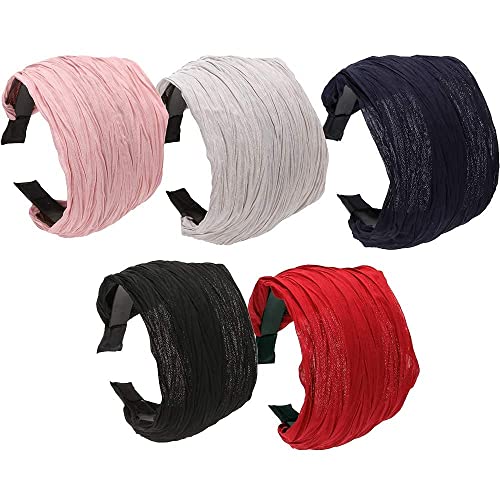 LONEEDY 5 Pack Wide Hard Headband with Teeth for Women, Girls’s Hair Band Pleated Cloth Fabric Hair Hoop Accessories (Mixed colors A)