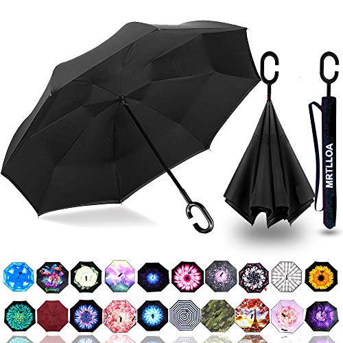 MRTLLOA 40/49/56 Inch Large Windproof Inverted Reverse Upside Down Umbrella, C-Shaped Handle, Double Layer, Stick Rain Umbrella for Men, Women and Kids (Black, 49 Inch)