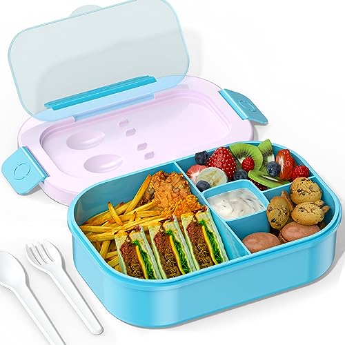TEVIKE Kids & Adults Bento Lunch Box-4 Compartment Leak-Proof Food Containers with Fork & Spoon, BPA Free, Bento Adult Lunch Box for Work School, Microwave & Dishwasher Safe (Misty Pk-Blue)
