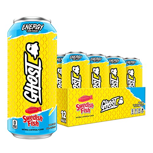 GHOST Energy Drink - 12-Pack, Swedish Fish, 16oz Cans - Energy & Focus & No Artificial Colors - 200mg of Natural Caffeine, L-Carnitine & Taurine - Gluten-Free & Vegan