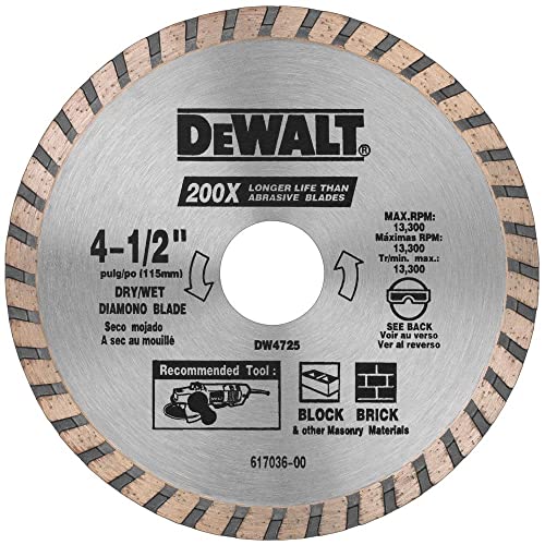 DEWALT Diamond Blade for Masonry, Dry Cutting, Continuous Rim, 7/8-Inch Arbor, 4-1/2-Inch (DW4725)