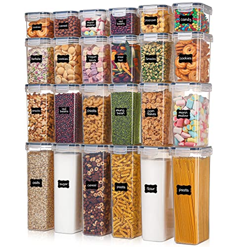 Airtight Food Storage Containers with Lids, Vtopmart 24 pcs Plastic Kitchen and Pantry Organization Canisters for Cereal, Dry Food, Flour and Sugar, BPA Free, Includes 24 Labels，Black