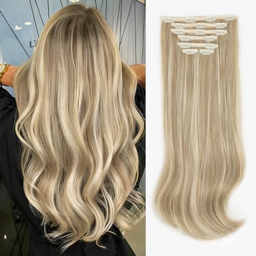 ALXNAN Clip in Hair Extension, 7PCS Bleach Blonde Hair Extension Thick Long Stright Layered Hair Extensions 20 Inch Invisible Lace Weft Hair Extensions for Women