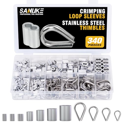 Sanuke 340PCS Stainless Steel Wire Rope Cable Thimbles Aluminum Crimping Loop Sleeve 3/64'' 1/16'' 5/64'' 3/32'' 3/16'' for Wire Rope Cable Thimbles Rigging