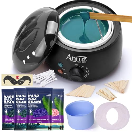 Anruz Waxing Kit for Women Men - Wax Kit for Hair Removal with Silicone Bowl,4 Bags Hard Wax Beads and 30 Applicator Sticks - at Home Use Wax Warmer for Full Body,Bikini,Eyebrow,Face, Sensitive Skin