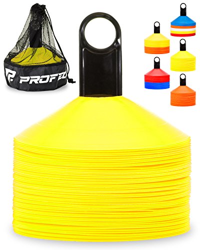 Pro Disc Cones (Set of 50) - Agility Soccer Cones with Carry Bag and Holder for Sports Training, Football, Basketball, Coaching, Practice Equipment, Kids - Includes 15 Best Drills Book (Bright Yellow)