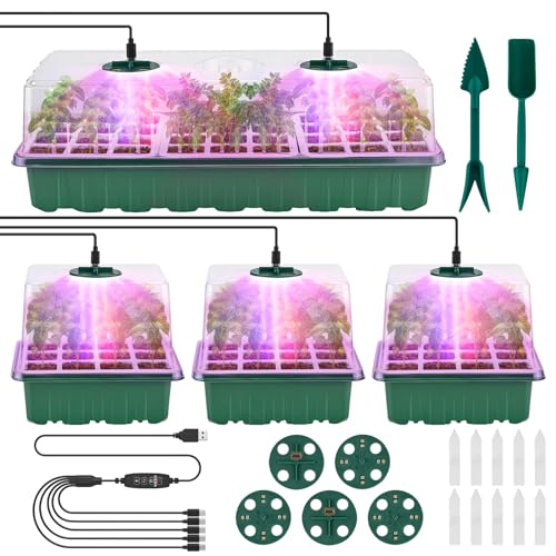 Kesfitt Seed Starter Tray with Grow Light,4 Packs Seedling Starter Kits with Soft Silicone Pop-Out Cells Humidity Dome,Reusable Seed Starting Trays Germination Kit for Plant Seeds Growing