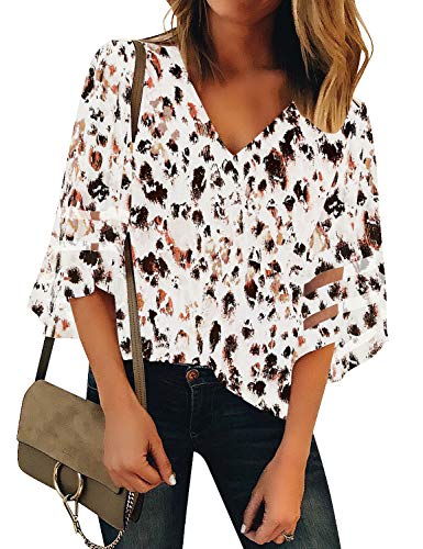 luvamia Women's Casual V Neck Tops 3/4 Bell Sleeve Mesh Panel Shirts Loose Tops Blouses Beige Leopard Print Size XL