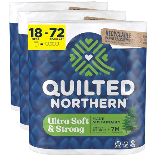 Quilted Northern Ultra Soft & Strong Toilet Paper, 18 Mega Rolls = 72 Regular Rolls, 5X Stronger*, Premium Soft Toilet Tissue with Recyclable Paper Packaging (Packaging May Vary)