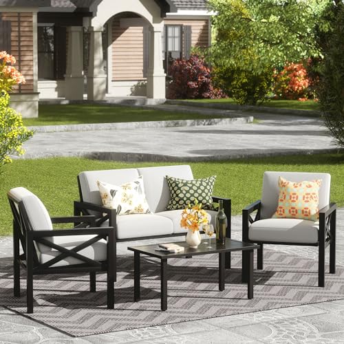 NATURAL EXPRESSIONS Outdoor Patio Furniture 4 Pieces Set, Modern Patio Conversation Sets, Outdoor Sectional Metal Sofa with 5.5 Inch Cushion and Coffee Table for Balcony, Garden