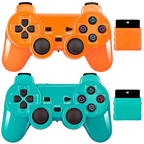 Wireless Game Joystick Controller 2.4G Double Shock Compatible with PS2/P2 (Orange+Green)