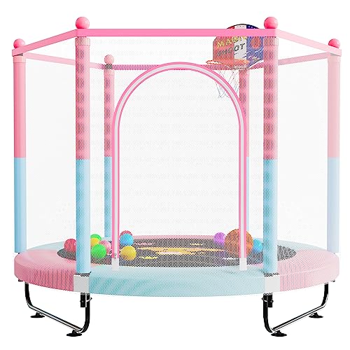60' Trampoline for Kids, 5 FT Toddler Baby Trampoline with Safety Enclosure Net, Indoor or Outdoor Pink/Blue Small Trampolines with Basketball Hoop, Birthday Gifts for Kids, Gifts for Girl Age 1-8