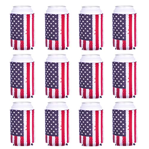 Can Cooler Sleeve 12pcs USA Flag Can Coolers Bulk Neoprene for Can and Bottle 120z
