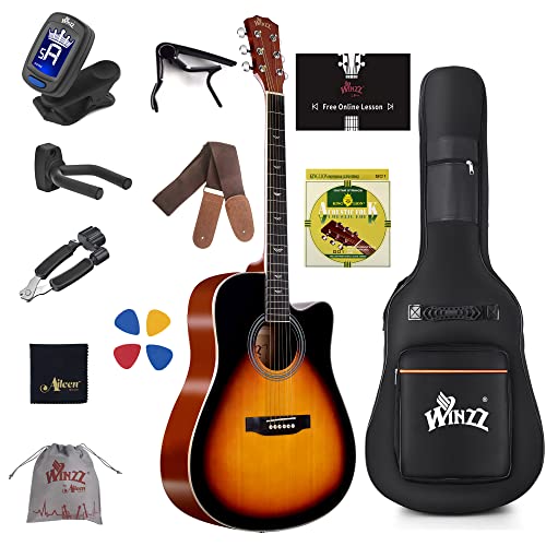WINZZ Spruce Acoustic Guitar Bundle for Adult Beginners Students with Advanced Kit 6 Steel-String, Right Hand, Sunburst, 41 Inches (AF168C-GSB-V)