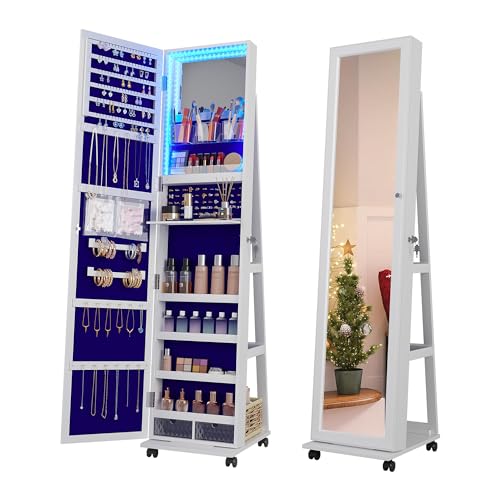 HNEBC 360° Rotating Jewelry Armoire with Lights, Lockable Mirror Jewelry Cabinet, Standing Full Length Mirror with Jewelry Storage, Large Jewelry Mirror Organizer, Wheels,Foldable Makeup Shelf (White)