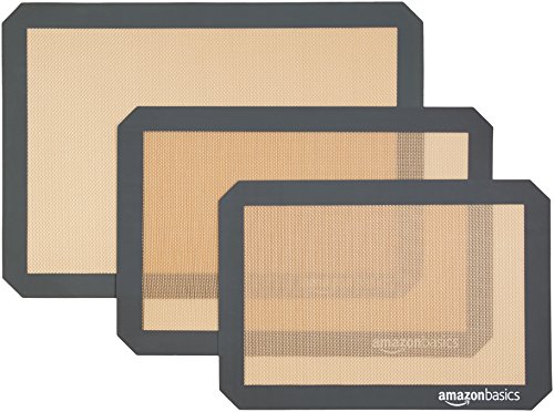 Amazon Basics Rectangular Silicone, Non-Stick, Food Safe Baking Mat, Pack of 3, Beige/Gray, 16.5' x 11.6'