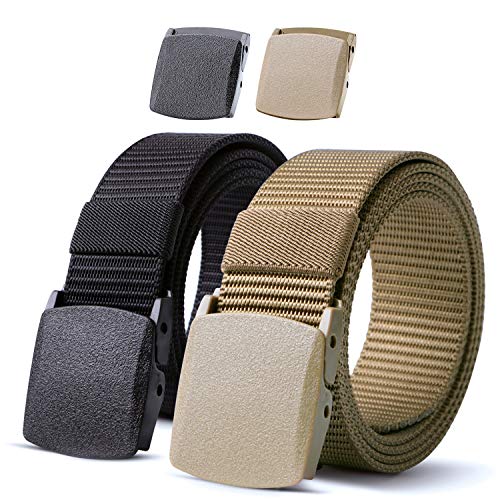 JASGOOD Nylon Military Tactical Men Belt 2 Pack Webbing Outdoor Web Belt With Plastic Buckle Snow Pants Belts, A-Black+Green Khaki, Fits Pant up to 40 Inch
