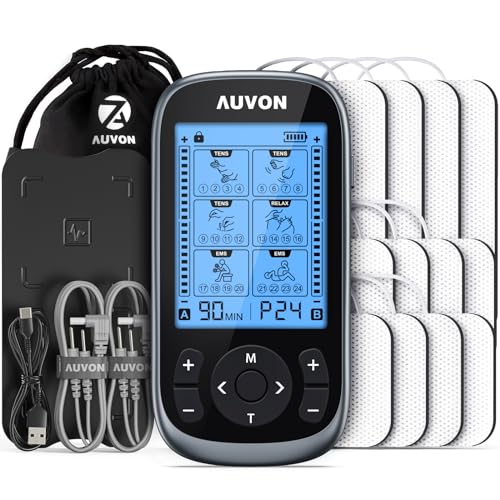 AUVON 3-in-1 TENS Unit Muscle Stimulator, EMS Massage Machine with 40 Intensities for Gradual Shoulder, Sciatica, Back Pain Relief, 24 Modes Rechargeable Electronic Pulse Massager with 12 TENS Pads