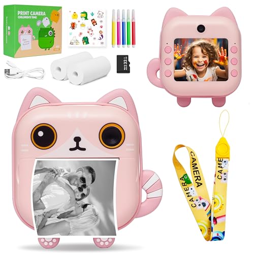 Fincredible Instant Print Camera for kids, 48MP Dual Selfie, 1080P HD Video, 64GB, Includes Print Papers, Color Markers & Stickers, Cute Pink cat Camera as Birthday gift for Girls age 5-12+, girl toys