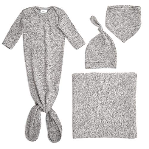 aden + anais Snuggle Knit Newborn Gift Set with Knotted Baby Gown, Swaddle Blanket, Infant Hat, and Bandana Bib, 0-3 Months, Heather Grey