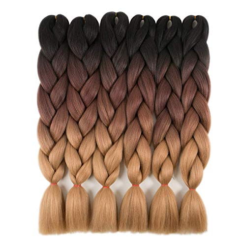 RAYIIS 6 Packs Braiding Hair Kanekalon Synthetic Braiding Hair Extensions 24 inches (6 Packs, Ombre black-dark brown-light brown)