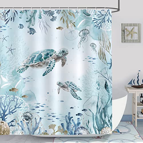 Bonhause Sea Turtle Shower Curtain for Bathroom Teal Blue Ocean Beach Coastal Decorative Bath Curtain 72 x 72 Inch Polyester Fabric Waterproof Bathroom Curtain with 12 Hooks