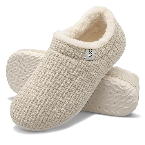 XIHALOOK Fuzzy Slippers Womens Mens House Shoes Warm Plush Bedroom Home Shoes Beige, 11-12 Women/9-10 Men