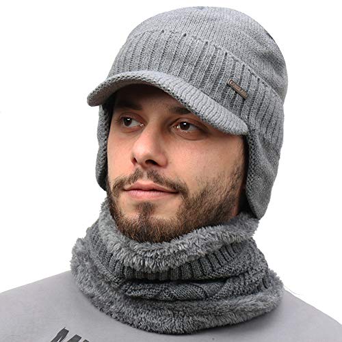 30% Wool Winter Beanie w/Visor & Earflaps for Men Outdoor Fleece Hat Scarf Set