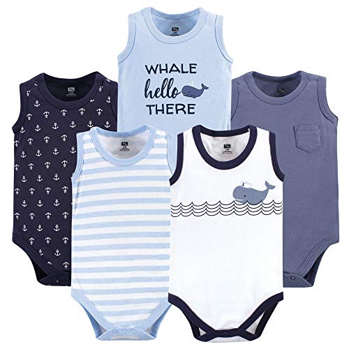 Hudson Baby Unisex Baby Cotton Sleeveless Bodysuits, Sailor Whale, 0-3 Months