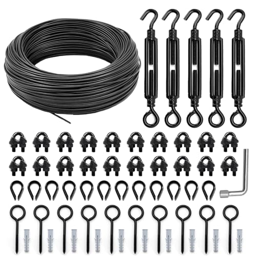 hannger String Light Hanging Kit, Globe String Lights Suspension Kit w/ 1/8'×100FT Black PVC Coated Steel Cable & Enough Accessories, Guide Wire for Outdoor String Lights, Patio Lights, Camping Light