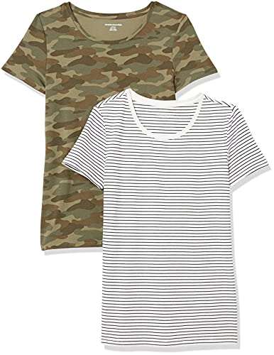 Amazon Essentials Women's Classic-Fit Short-Sleeve Crewneck T-Shirt, Pack of 2, Olive Camo/White Stripe, Medium