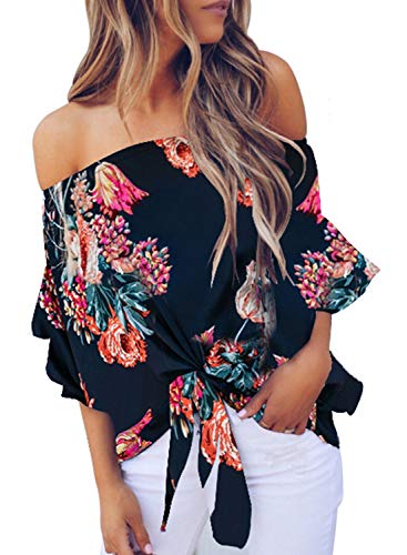 Asvivid Women's Sexy Off Shoulder Floral Print Business Casual Bell Sleeve Tie Knot Summer Top S Blue
