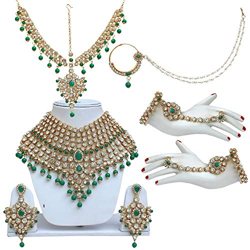 I Jewels Indian Wedding Traditional Gold Plated Kundan Ethnic Bridal Jewelry Set with Earrings, Nose Ring, Mathapatti & Haath Panja for Women (BLP021G)
