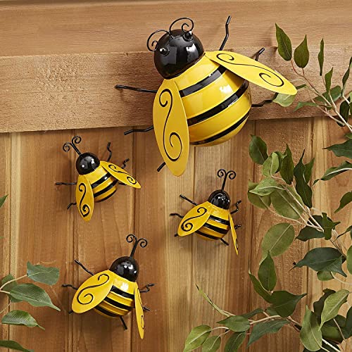 Yungeln Metal Wall Art, 4PCS Metal Bumble Bee Wall Decor, 3D Iron Bee Art Sculpture Hanging Wall Decorations for Outdoor Home Garden