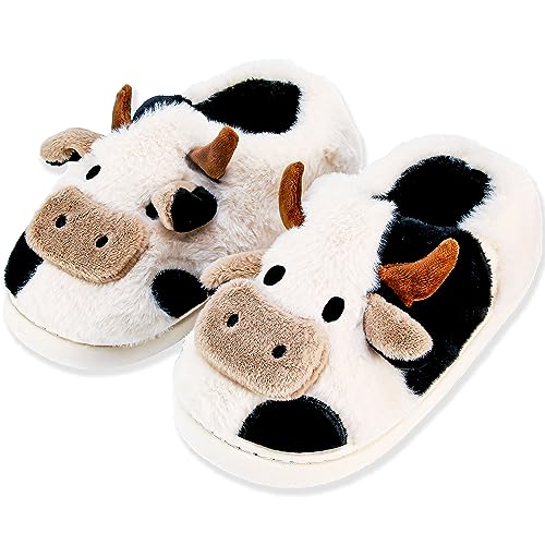 NZFUN Cow Slippers for Women and Men, Fluffy Cute Cozy Cartoon Cow House Fuzzy Slipper Womens Milky Cows Animal Preppy Funny Furry Kawaii Bedroom Pillow Cloud Slippers for Women Indoor and Outdoor