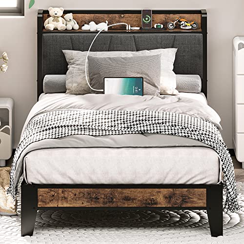 LIKIMIO Twin Bed Frames, Storage Headboard with Charging Station, Solid and Stable, Noise Free, No Box Spring Needed, Easy Assembly