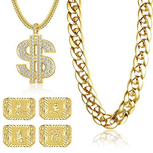 FIBO STEEL Hip Hop Gold Plated Chain Necklaces and Rings Set for Men Women Rapper Costume Big Chunky Chain with Dollar Sign Kanji Blessing Lucky Rings 80s 90s Party Jewelry