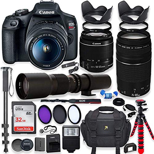 Canon EOS Rebel T7 DSLR Camera with 18-55mm is II Lens + Canon EF 75-300mm f/4-5.6 III Lens and 500mm Preset Lens + 32GB Memory + Filters + Monopod + Professional Bundle (Renewed)