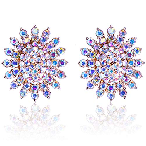 Clip On AB Crystal Oval Earrings Women- PeriFairy Iridescent Rhinestone Sunflower Non Pierced Prom Gold Jewelry