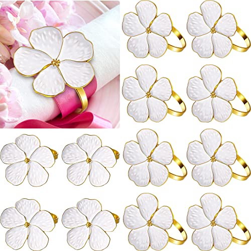 Patelai 12 Pcs White Flower Napkin Rings Set, Holiday Gold Napkin Ring Holder Floral Serviette Buckles for Wedding Party Banquet Thanksgiving Halloween Dinner Table Decor and Daily Use