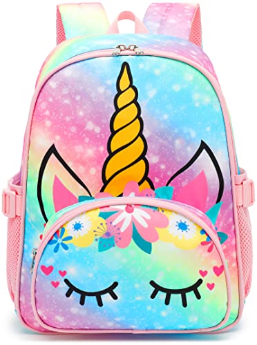 BTOOP Kids Backpack Girls School Backpack Preschool Kindergarten Unicorn Toddler BookBag with Chest Clip (Slanting Rainbow)