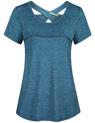 Kimmery Sport Shirts for Women Jersey Sexy Open Back Yoga Tops Loose Fit Sweet Wicking Scoop Neck Short Sleeve Work Out Tunics Home Camping Athleisure Wear Blue Medium