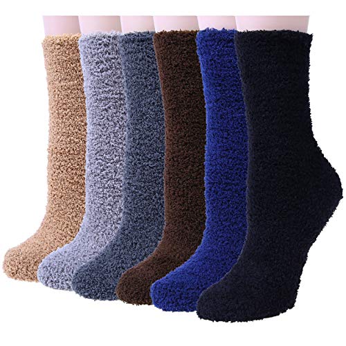 YSense Wear Women's 6 Pairs Fuzzy Fluffy Cozy Socks Warm Soft Winter Plush Home Sleeping Slippers, A - Solid (Dark), Medium