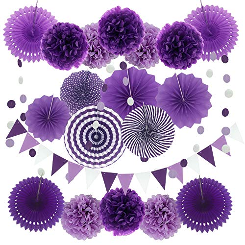 ZERODECO Party Decoration, 21 Pcs Purple and Lavender Hanging Paper Fans, Pom Poms Flowers, Garlands String Polka Dot and Triangle Bunting Flags for Birthday Parties, Wedding, Mermaid Party