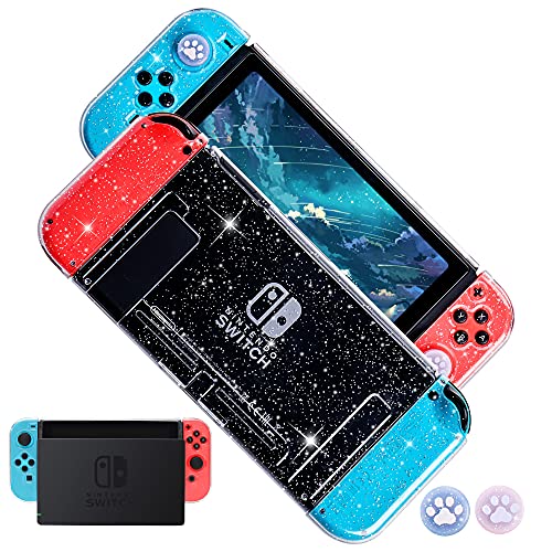 FANPL Glitter Clear Case for Nintendo Switch, TPU Silicone Soft Shell Dockable Protective Case Cover for Switch and Joy Con Controller with 2 Bling Thumb Grips (Transparent)