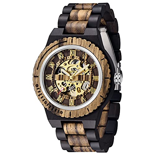 Dentily Men's Wooden Watch Skeleton Automatic Movement Wood Watch Self-Winding Watches for Men