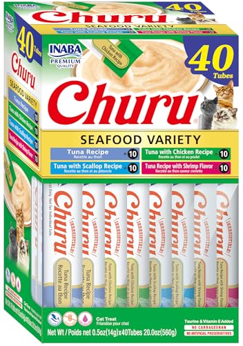 INABA Churu Cat Treats, Grain-Free, Lickable, Squeezable Creamy Purée Cat Treat/Topper with Vitamin E & Taurine, 0.5 Ounces Each, 40 Tubes, Tuna & Seafood Variety Box