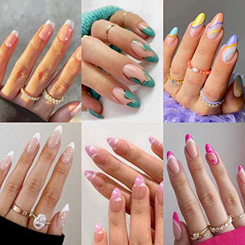 6 Packs (144 Pcs) Press on Nails Medium Design, Misssix Short Fake Nails Almond French Glue on Nails Set with Adhesive Tabs Nail File for Women