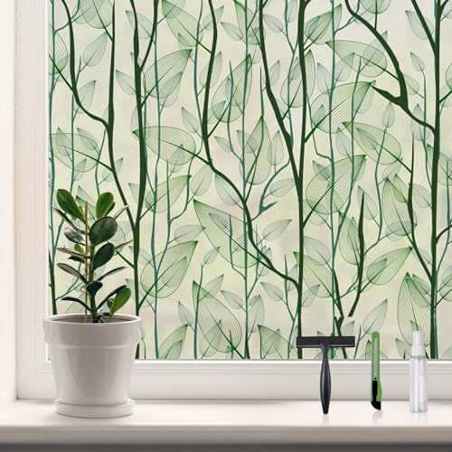 DKTIE Window Film Privacy with Installation Tools, Decorative Stained Glass Window Clings for Home, Static Cling Window Sticker for Front Door, Bathroom, Glass Door (Dark Green, 17.7'' x 78.7'')